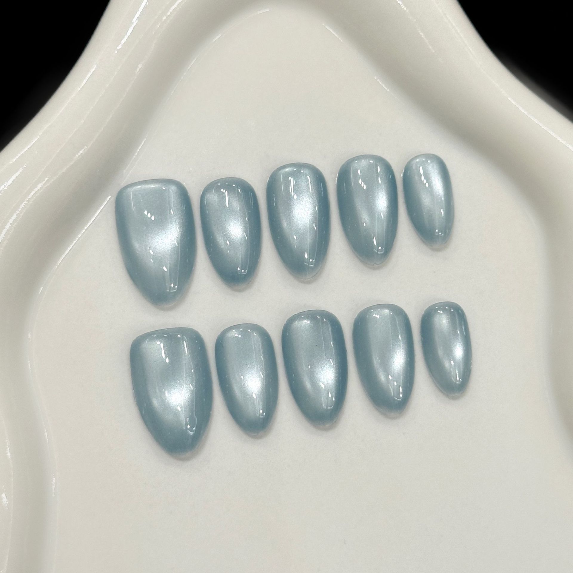 Nail Art French Nails - 10Pcs Blue Cat Eye French Short