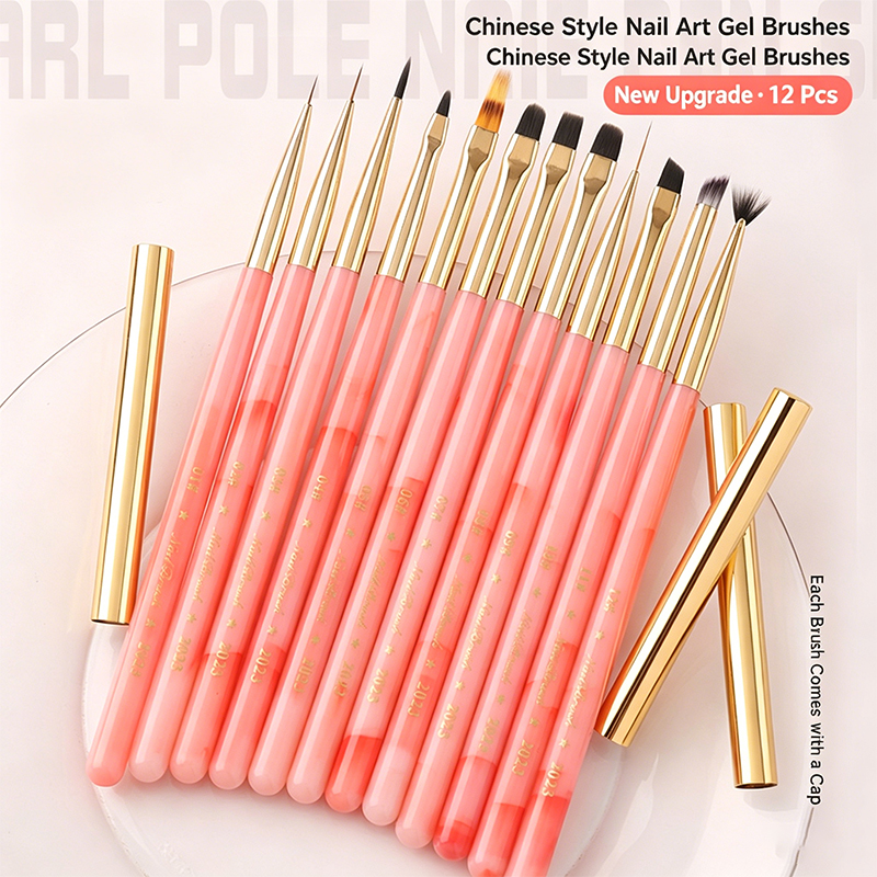 12Pcs Pink Inlaid Jade Handle  - Nail Art Pink Soft recension och pris